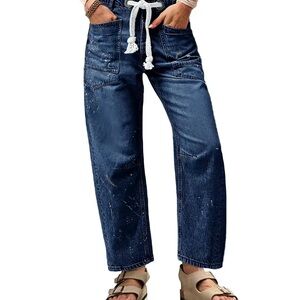 Women's Wide Leg Mid Waist Baggy Barrel Jeans Drawstring New Small